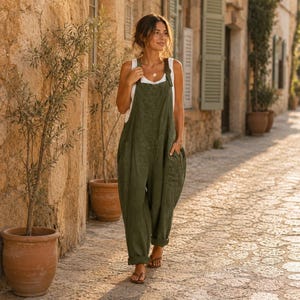 Boho Linen Overalls for Women Olive Green Jumpsuit Loose Fit Dungarees Sleeveless Wide Leg Romper Casual Summer Outfit