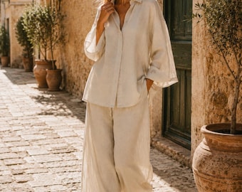 Boho Linen Two Piece Set Women White Button Shirt Wide Leg Pants Summer Outfit Loose Resort Wear Beach Vacation Matching Set