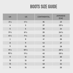 May include: A gray and white boots size guide chart with the title BOOTS SIZE GUIDE. The table displays columns for UK, US, CONTINENTAL, and JAPANESE (CM) sizes, listing numerical values from 3.5 to 14 for UK and 4.5 to 15 for US sizes.
