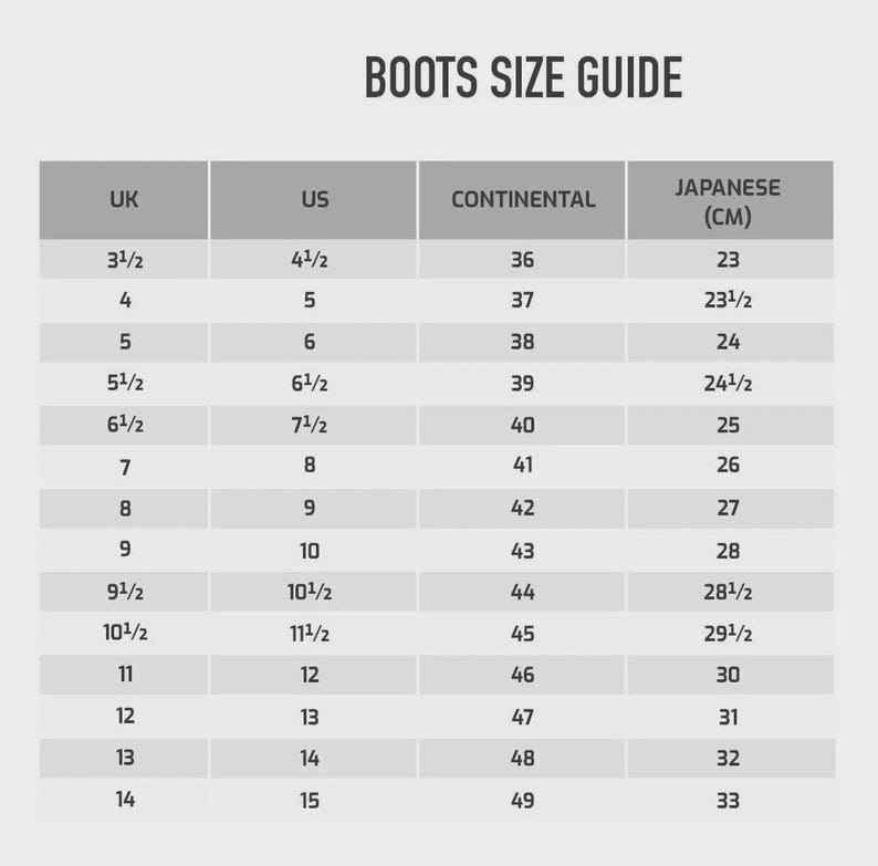 May include: A gray and white boots size guide chart with the title BOOTS SIZE GUIDE. The table displays columns for UK, US, CONTINENTAL, and JAPANESE (CM) sizes, listing numerical values from 3.5 to 14 for UK and 4.5 to 15 for US sizes.