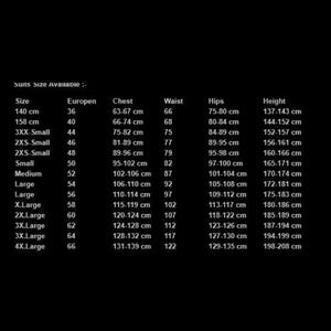 May include: A black and white chart displaying suit size information. The chart includes sizes from 140 cm to 4X.Large, with corresponding European sizes, chest, waist, hips, and height measurements in centimeters.