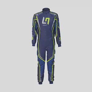May include: Navy blue racing suit with neon green and white accents. The suit features the word "KART" and a stylized "L" logo on the chest. The suit has a high collar and long sleeves, with the OMP logo on the shoulders.