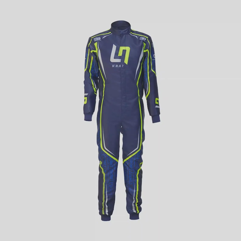 May include: Navy blue racing suit with neon green and white accents. The suit features the word "KART" and a stylized "L" logo on the chest. The suit has a high collar and long sleeves, with the OMP logo on the shoulders.
