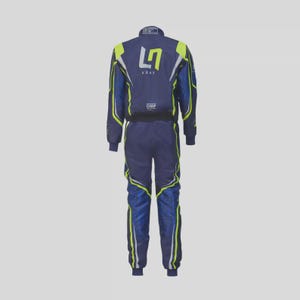 May include: A navy blue kart racing suit with neon yellow and blue accents. The suit features the number 47 on the back, along with the word "KART" and the OMP logo. The suit has a full-length zipper and ribbed cuffs.