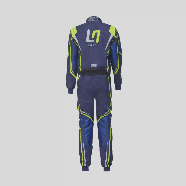 May include: A navy blue kart racing suit with neon yellow and blue accents. The suit features the number 47 on the back, along with the word "KART" and the OMP logo. The suit has a full-length zipper and ribbed cuffs.