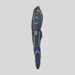 May include: A navy blue racing suit with neon yellow accents. The suit features a full-body design with a high collar and long sleeves. The suit has a blue and yellow geometric pattern on the sleeves and legs. Logos are visible on the chest and arm.