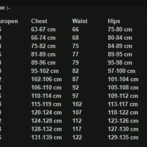 May include: A black chart titled Suits Size Available displaying columns for size, European size, chest, waist, hips, and height measurements in centimeters. The table lists various sizes from 140 cm to 4X-Large with corresponding metric values.