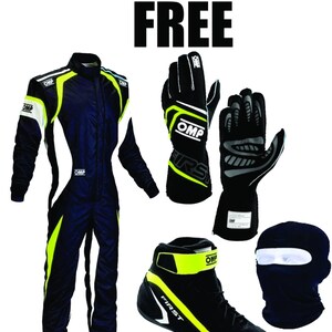 May include: A black OMP racing suit with neon yellow and white accents, a pair of black OMP racing gloves with neon yellow detailing, a black OMP racing shoe with neon yellow trim, and a black balaclava. The text FREE appears three times.