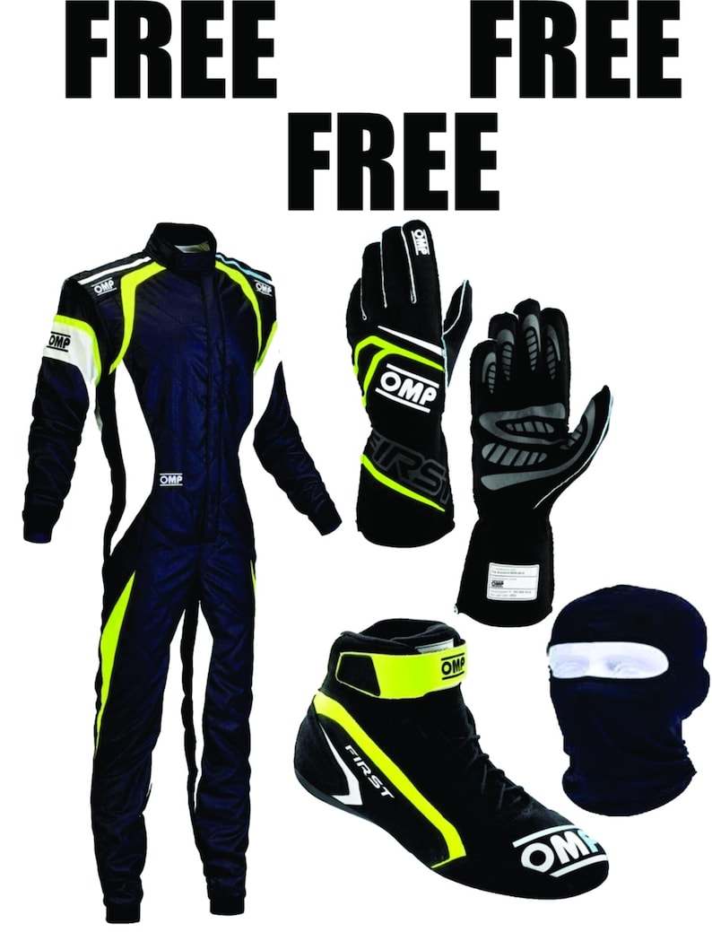 May include: A black OMP racing suit with neon yellow and white accents, a pair of black OMP racing gloves with neon yellow detailing, a black OMP racing shoe with neon yellow trim, and a black balaclava. The text FREE appears three times.
