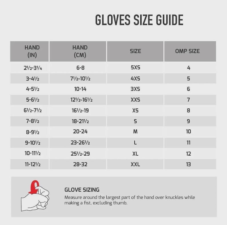 May include: A grey and white gloves size guide chart featuring columns for hand measurements in inches and centimeters, size labels from 5XS to XXL, and OMP sizes from 4 to 13. Includes an illustration of a hand making a fist for measurement.
