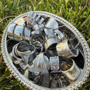 May include: A silver-coloured oval tray overflowing with silver napkin rings. The napkin rings feature diverse designs, including floral patterns and embossed details. The tray rests on green grass, with sunlight reflecting off the silver.