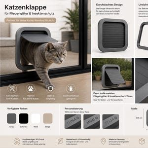 Könnte beinhalten: Eine graue Katze, die eine dunkelgraue Katzentür verlässt, die für Insekten- und Fliegenschutz konzipiert wurde. Die Tür ist quadratisch mit einer Klappe. Zusätzliche Bilder zeigen die Funktionen der Tür, einschließlich Personalisierung und Abmessungen von 21,5 cm x 21,5 cm x 2,4 cm.