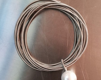 Piano Wire Silver Bracelet with white pearl
