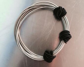 Piano Wire Bracelet Silver with black knots
