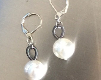 Slate Piano Wire Earrings with white pearl