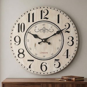 May include: A round wall clock with a cream-colored face and large black serif numerals from 1 to 12. The center features a decorative flourish, a minute track with increments of 5, black spade-style hands, and the word LONDON printed in red.