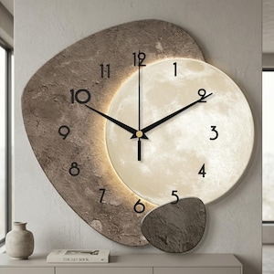 Modern Moon Wall Clock, Celestial Boho Room Decor, Silent Quartz MDF Wood Timepiece, Minimalist Aesthetic Living Room Decoration