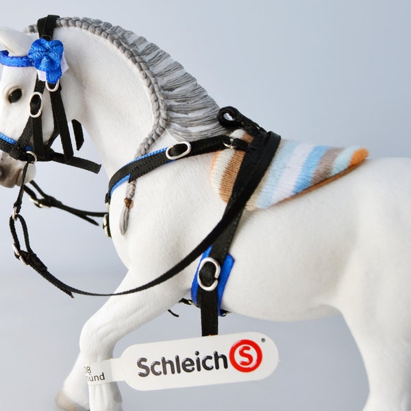 Handmade Bareback Saddle Pad with Bitless Bridle for Schleich Model Horses Chevaux Pferde Caballo Cavallo