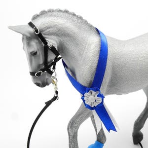 Handmade Ribbon Halter with Lead Rope, Blue Sash & Rosette for Schleich Model Horses Pferde Chevaux - Color Variations Caballo Cavallo