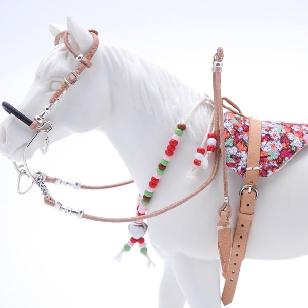 Western Red Bareback Pad Hackamore Headstall Bridle with Rhythm Beads for Schleich sized Model Horses Pferde Chevaux Paard Caballo Cavallo