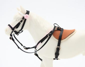 Bareback Schabracke & gebisslose Trense für Schleich Pferde – Handgefertigtes Leder mit Zierniete, verstellbar, Pferd NICHT inklusive