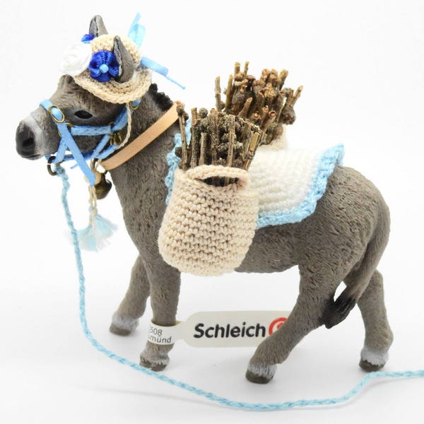 Miniature Pack Set for Schleich Donkeys or Ponies with Ribbon Halter, Crocheted Panniers, Flowers, and Hat