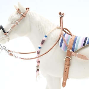 Cabezada Hackamore con almohadilla para el lomo azul occidental y cuentas rítmicas para caballos modelo de tamaño Schleich, Pferde Chevaux Paard Caballo Cavallo