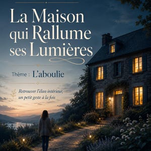 May include: A book cover illustration of a stone house with illuminated windows at twilight. The title is "La Maison qui Rallume ses Lumières", with the theme "L'aboulie". A person walks towards the house on a path with lights.