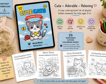 以下が含まれることがあります： 3～6歳向けのデジタルぬりえ「Cute Cats」は、表紙に漫画の猫が描かれています。26ページの可愛い子猫のぬりえが含まれており、自宅で印刷できます。静かで創造的な時間に最適です。