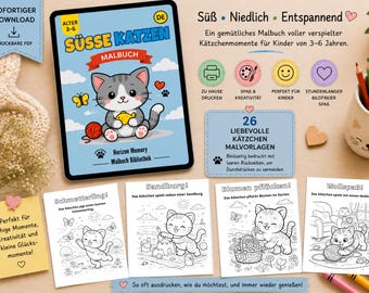 以下が含まれることがあります： 3歳から6歳の子供向けのデジタル塗り絵「SÜSSE KATZEN」。表紙には灰色の小猫が描かれています。蝶、砂の城、花、毛糸玉で遊ぶ小猫の白黒塗り絵ページが4枚含まれています。