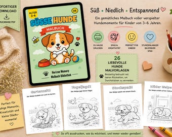 以下が含まれることがあります： SÜSSE HUNDE MALBUCHというタイトルの塗り絵の表紙が表示されたデジタルタブレットと、穴掘り、鳥追い、棒遊び、昼寝をする子犬が描かれた4枚の印刷された塗り絵ページが並んでいます。