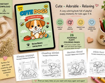以下が含まれることがあります： 3〜6歳向けのデジタル塗り絵。可愛い犬のイラストが特徴です。表紙には骨を持った漫画の子犬が描かれています。26ページのかわいい子犬の塗り絵が含まれています。