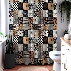 May include: A shower curtain featuring a patchwork grid design with alternating squares of black, white, and tan. The pattern includes floral illustrations, leopard print, polka dots, stripes, and heart shapes arranged in a repeating geometric layout.