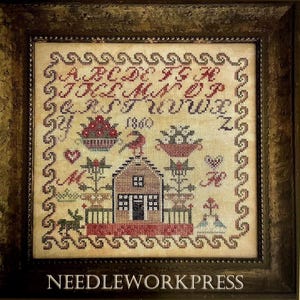May include: A cross-stitch sampler pattern titled MH 1860 A CHEERFUL 19TH CENTURY SAMPLER by NEEDLEWORKPRESS. The design features a house, a bird, floral baskets, and the alphabet in red and black thread on a beige fabric, framed in dark wood.