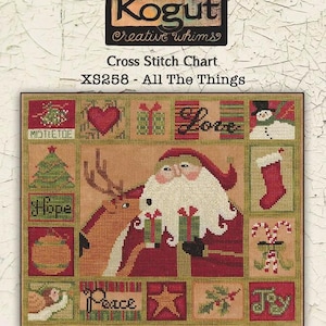 May include: A cross stitch chart titled XS258 - All The Things by Teresa Kogut. The design features a central Santa Claus and reindeer surrounded by small squares depicting mistletoe, a heart, gifts, a snowman, stocking, and candy canes.
