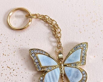 Rhinestone Butterfly Charm Fashion Keychain | White and Gold Metal Fashion Accessory