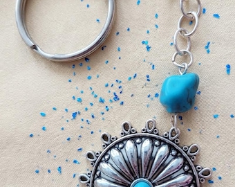 Southwestern Turquoise Floral Metal Fashion Keychain | Boho Charm Fashion Accessory
