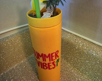 Summer Vibes Yellow Tumbler Cup w/ Lid | Hand-crafted Tumbler for drinks