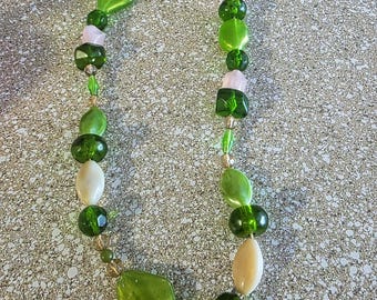 Geometric Green Beaded Statement Necklace | Green Tone Jewelry | Chunky Boho Piece