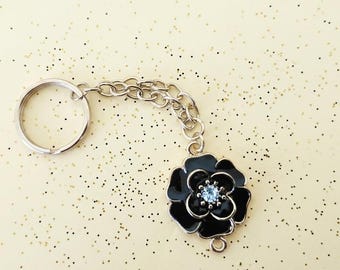 Black Enamel & Gold Metal Flower Handmade Fashion Keychain Bag Charm | Fashion Keychains Gift for Her