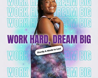 Bespoke Medium Tote Bag | Galaxy Dragonfly Sky | Work Hard, Dream Big Motivational Gifts