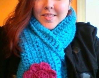 Turquoise Crochet Scarf with Accent Burgundy Flower - Soft