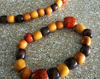 Bohemian Wooden Bead Statement Necklace & Bracelet Set | Earth Tone Jewelry | Chunky Boho Set