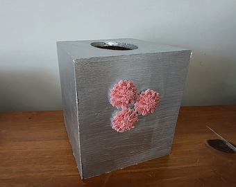 Hand-painted Metallic Silver 3D Floral Tissue Box Cover | Pink Flowers Home Deco
