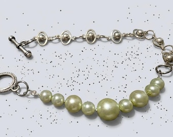 Very Light Green Faux Pearl & Silver Metal Bracelet | Simple Elegant Bracelet