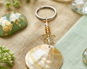 Simple Beaded Keychain with Floral Moon Charm Fashion Keychain | Cream Shell Pendant, Feminine Accessory