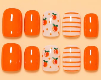 Orange Grove | Bright Citrus Press-On Nails | Hand-Painted Orange Nail Art | Summer Nails | Glossy Fruit Nails