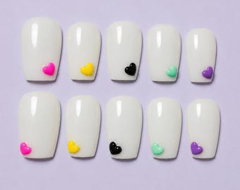 Color Pop Heart Press-On Nails | Milky White Short Coffin Nails | Cute 3D Heart Nails | Y2K Minimalist | Handmade Press-On Nails