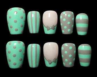 Mint Gray Polka Dot Stripe Press-On Nails | Bow Accent Coffin Set