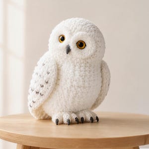 Op de afbeelding: Een handgemaakte, witte gehaakte uilfiguur met zwarte accenten op de vleugels en poten. De uil heeft grote, ronde gele ogen en een zwarte snavel. Hij staat op een lichtbruine houten kruk.